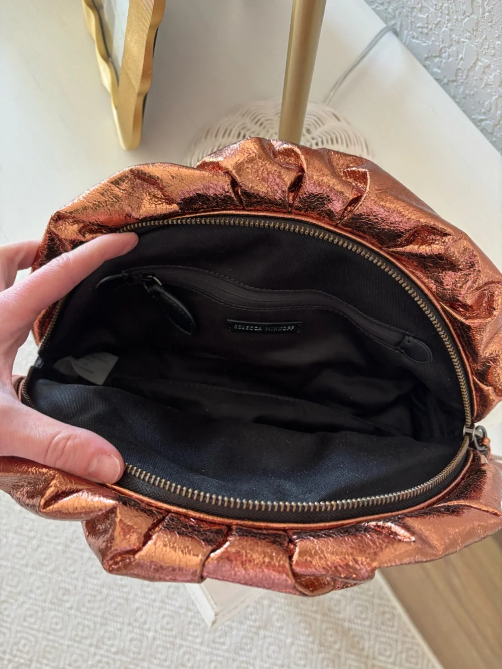 Rebecca Minkoff Copper Ruched Metallic Zip Clutch Bag